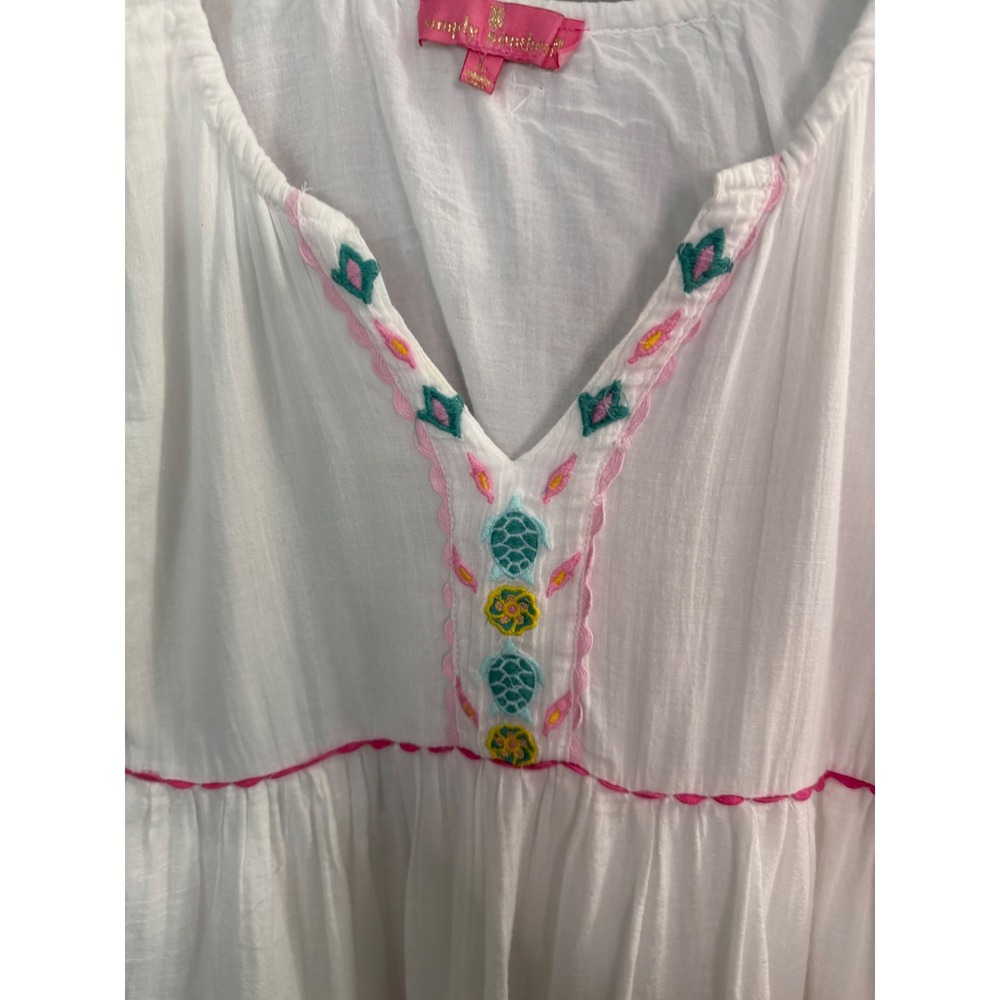 Simply Southern White Gauze Dress L Embroidered Turtle Pineapple Tiered Midi - Picture 3 of 10
